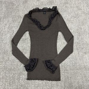 Oscalito Top Womens 5 Long Sleeve Blouse Ribbed Lace Ruffle Silk Wool Stretchy